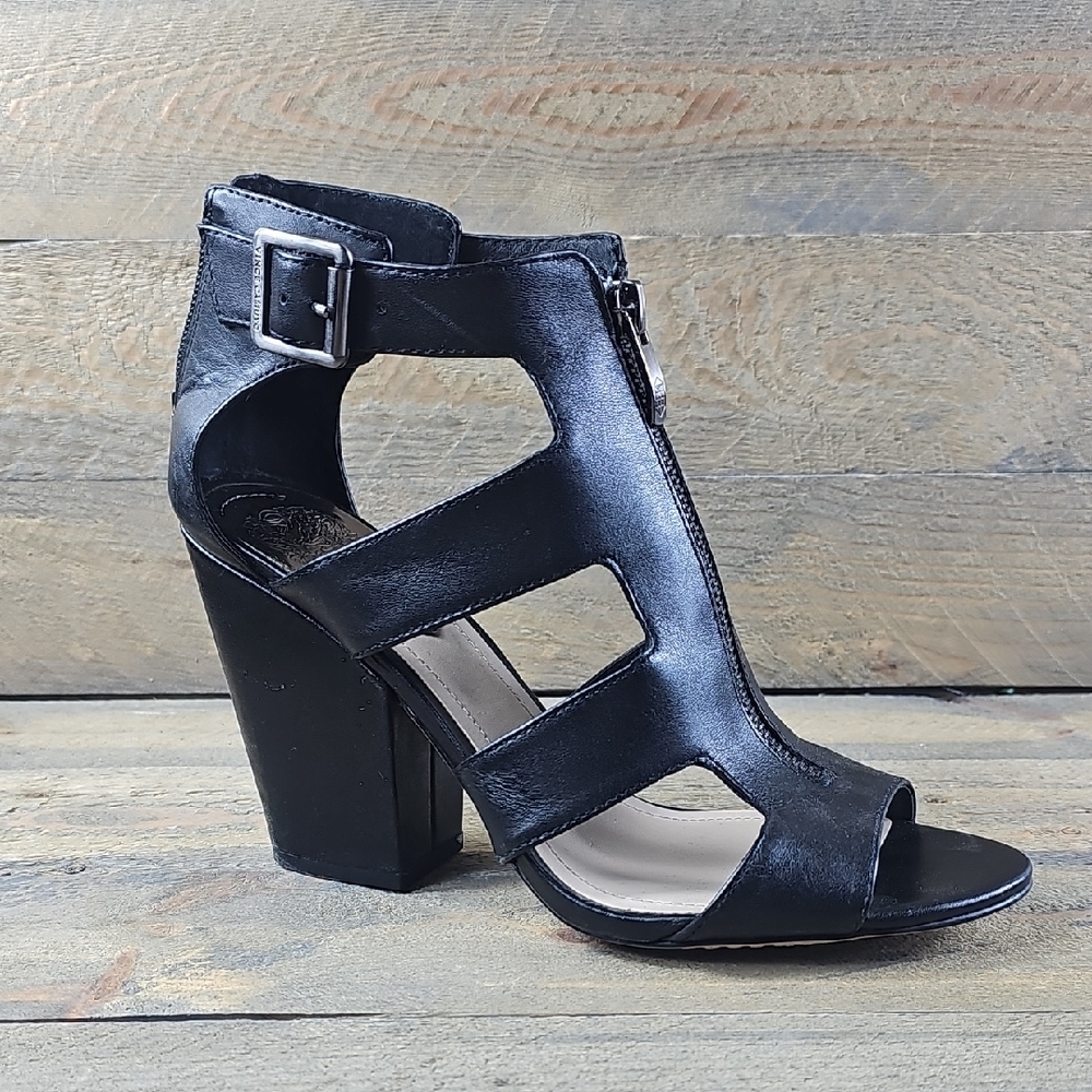 Vince Camuto Black Leather Block Heel Open Toe Sandals Like New